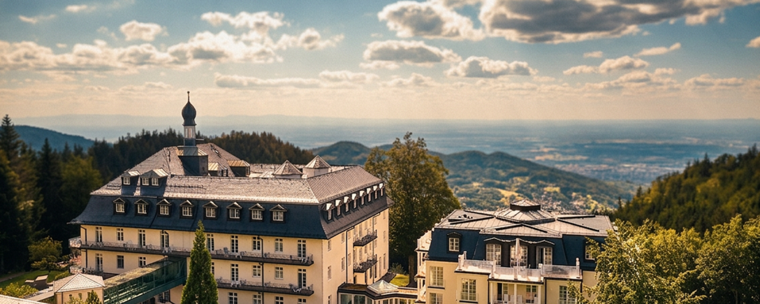 Außenansicht der Klinik mit Gartenanlage und weitem Blick über die Landschaft