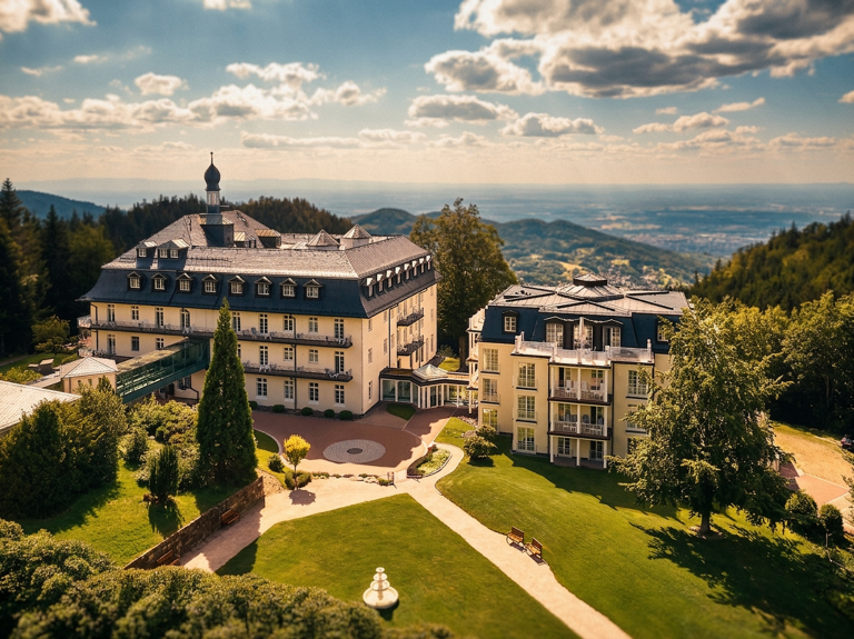 Außenansicht der Klinik mit Gartenanlage und weitem Blick über die Landschaft