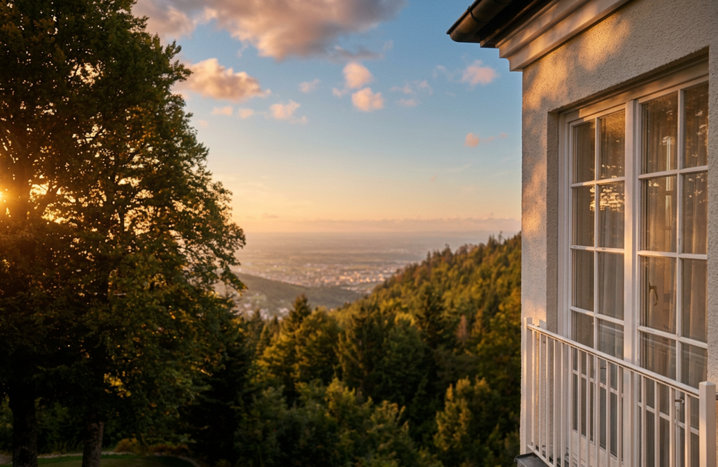 Blick über bewaldete Hügel ins Tal bei warmem Sonnenuntergang
