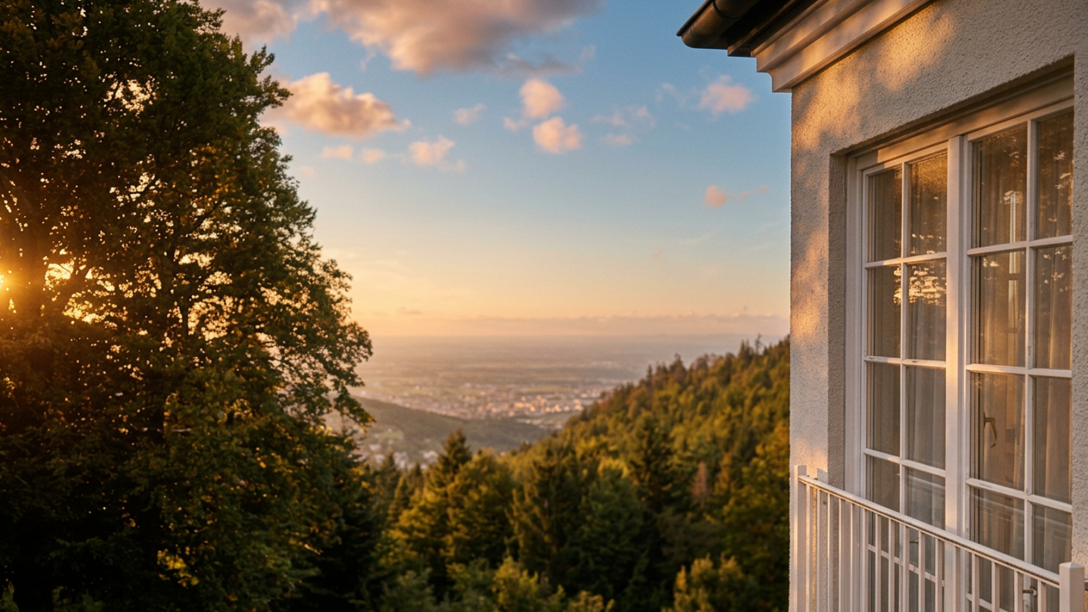 Blick über bewaldete Hügel ins Tal bei warmem Sonnenuntergang