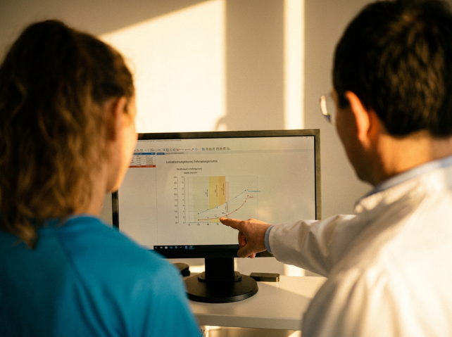 Arzt zeigt Patientin Ergebnisse einer Leistungsdiagnostik