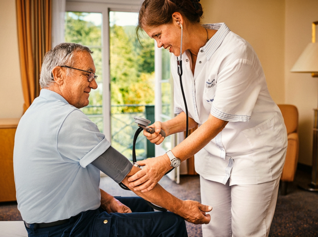 eine Angestellte der Klinik misst den Blutdruck eines Mannes