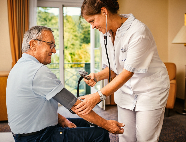 eine Angestellte der Klinik misst den Blutdruck eines Mannes