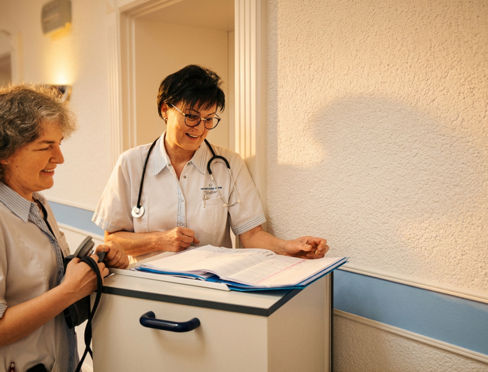 Zwei Angestellte der Klinik Besprechen etwas auf dem Flur der Klinik