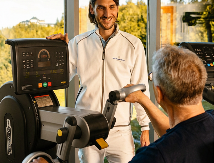 Mann trainiert an einem Fitnessgerät in einem Trainingsraum