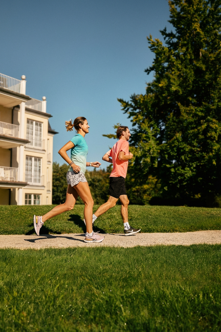 Zwei Personen joggen vor der Klinik im Freien