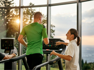 Trainerin unterstützt Mann auf Laufband
