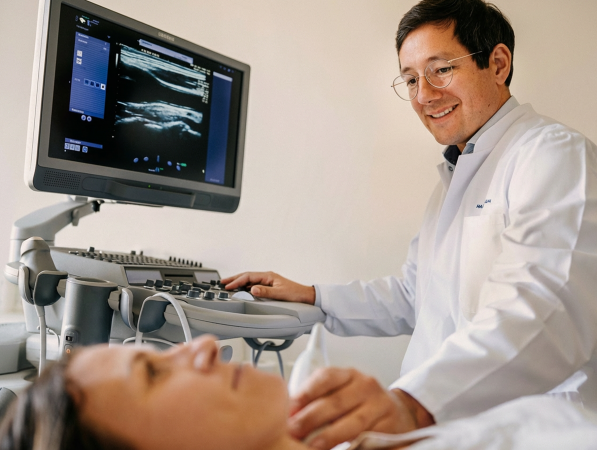Prof. Dr. med. Timo Heidt nimmt ein Ultraschall an einer Patientin vor
